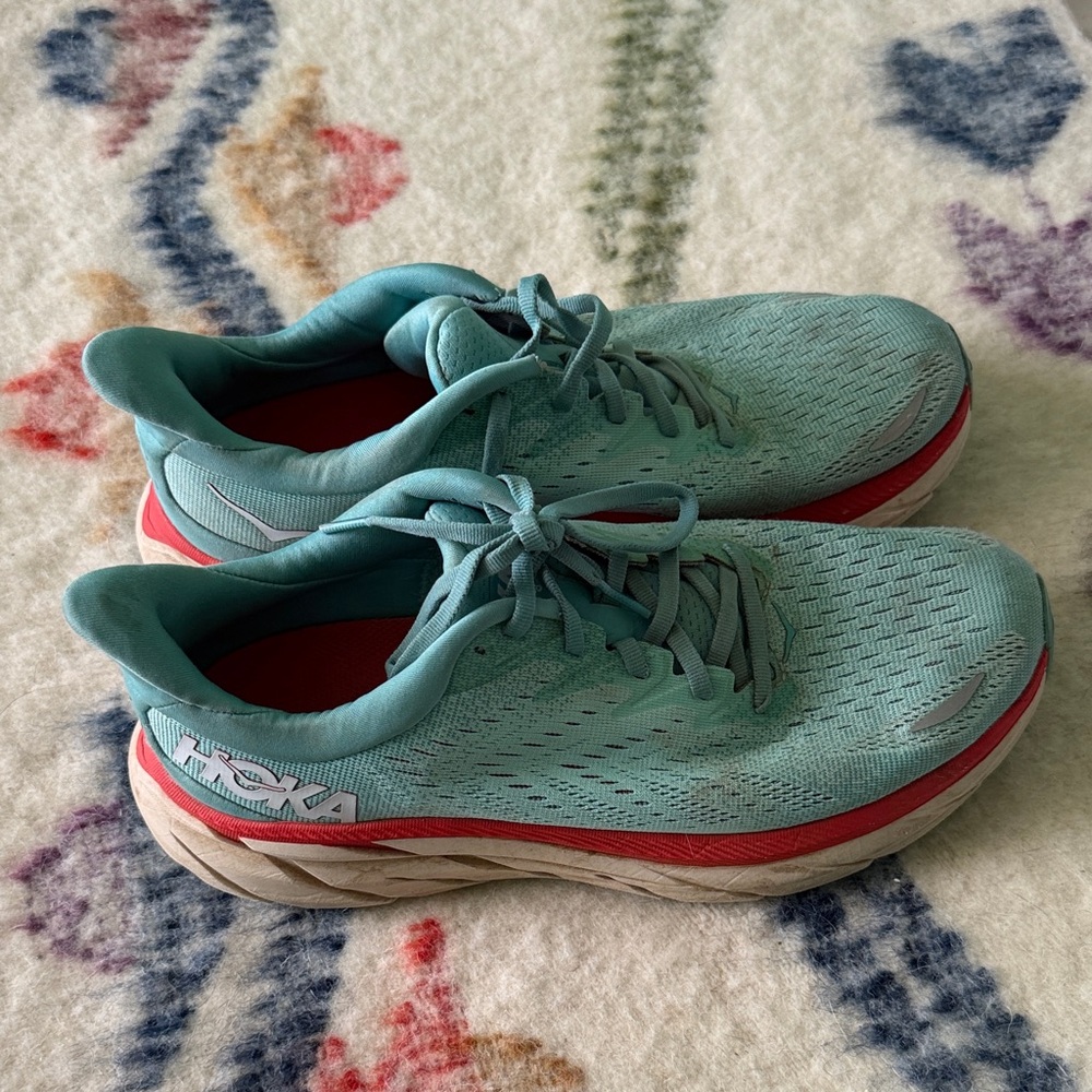 Hoka Women's Light Teal Running Shoes with Coral Accent